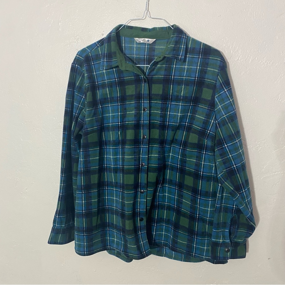 Fleece Flannel Lee Riders Women’s Plaid Shirt Jacket Shacket Size XL Green Blue